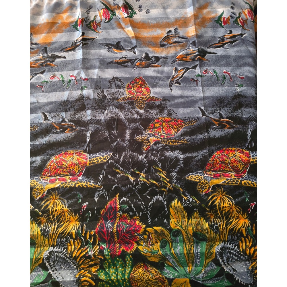 Vintage Style Tropical Sea Turtle Dolphin Nautical Print Scarf Wrap Sarong Black - Picture 2 of 4